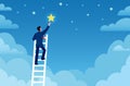 Businessman success. Man on ladder reaches stars on sky, achieve goals and dreams. Career up, leadership, creative flat