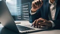 Businessman using laptop with virtual screen for data management and digital transformation Royalty Free Stock Photo