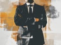 Businessman in suit with arms crossed over grunge background. Toned. Generative AI