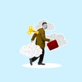 Businessman in suit with briefcase and key onto back walking to work, head in clouds. Need energy for working