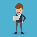Businessman in Suit and Computer in Hand. Concept Business Vector Illustration Flat Style. Royalty Free Stock Photo