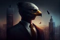 Businessman in suit with eagle head, dark cityscape in background, Generative AI