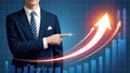 A businessman in a suit gestures towards a glowing upward arrow and dynamic financial data visualizations Royalty Free Stock Photo