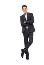 Businessman, suit and happy for portrait, confident and professional on white studio background. Man, young and ready