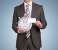 Businessman in suit hold empty card and stopwatch Royalty Free Stock Photo