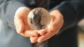 Businessman in suit holding glass globe with world map closeup Royalty Free Stock Photo