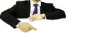 Businessman hand pointing his finger on white paper in white background. Royalty Free Stock Photo