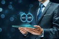 Businessman holding tablet displaying devops concept for software development and it operations process Royalty Free Stock Photo