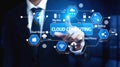 Businessman in Suit Interacting with Cloud Computing Technology and Data Visualization, Modern Digital Solutions for Royalty Free Stock Photo