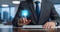 businessman touching glowing digital database icon for secure data management Royalty Free Stock Photo
