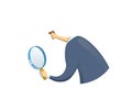 Businessman in suit looking through a magnifying glass, back view. Recruiting, researches. Vector flat design