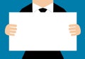 Businessman, in suit man, holding blank banner. vector Royalty Free Stock Photo