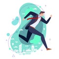 Concept flat illustration.Businessman in suit running against city backdrop