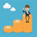 Businessman in Suit Sit On High Coin. Concept Business Vector Illustration Flat Style.