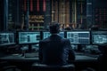 Businessman in suit sits in office surrounded by monitors and watches movements of money on stock exchange