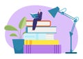 Businessman in suit sitting book stack, tiny male read textbook obtain knowledge table lamp flat vector illustration