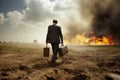 Businessman in suit with suitcases walking to burning explosion. Generate ai