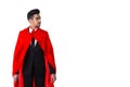 Businessman in suit and superhero red cloak