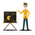 Businessman in suit and tie making presentation explaining charts on a board.Vector