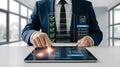 A businessman in a suit uses a digital tablet to interact with a futuristic document interface with green checkmarks and glowing Royalty Free Stock Photo