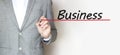 Businessman in the suit write text BUSINESS with red marker on transparent wipe board Royalty Free Stock Photo