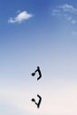 Businessman with suitcase leaps on the sky