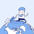 Businessman with suitcase walking around the world. Cartoon character thin line style vector. Royalty Free Stock Photo