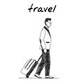 Businessman with suitcase on wheels handdrawn illustration. Cartoon vector clip art of a man walking with luggage. Black and white Royalty Free Stock Photo