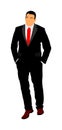 Businessman in suite and tie walking with hands in pockets vector illustration. Handsome business man in office work. Elegant man Royalty Free Stock Photo