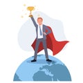 businessman superhero with award prize trophy winner on earth.winner,achievement, victory , success, win global competition. Flat Royalty Free Stock Photo