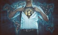 Businessman superhero with bitcoin on his chest Royalty Free Stock Photo