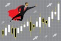 businessman superhero and chart with japan candlesticks to succe