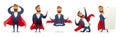 Businessman in a superhero costume. Character collection of business hero in various poses. Super manager set