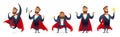 Businessman in a superhero costume. Character collection of business hero in various poses. Super manager set