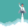 Businessman superhero flies up and leaves a cloud of dust. Super worker in the cloak takes off. Business concept of Royalty Free Stock Photo