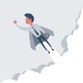 Businessman superhero flies up and leaves a cloud of dust. Super worker in the cloak takes off. Business concept of Royalty Free Stock Photo