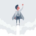 Businessman superhero flies up and leaves a cloud of dust. Super worker in the cloak takes off. Business concept`s power Royalty Free Stock Photo
