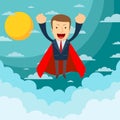 Businessman superhero flies up and leaves a cloud of dust. Stock flat vector illustration. Royalty Free Stock Photo
