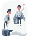 Businessman superhero flies up and leaves a surprised man on the cliff. Super worker in the cape takes off. Royalty Free Stock Photo