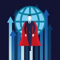 Businessman superhero flying growth arrows world business