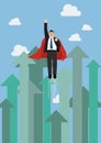 Businessman superhero flying into the sky against growing up arr Royalty Free Stock Photo