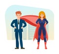 Businessman and superwoman is superheros, on background of street city. Royalty Free Stock Photo