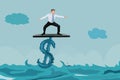 Businessman surfing on dollar sign ocean waves