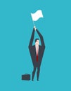 Businessman surrender hands up and white flag. Business life. Vector illustration.