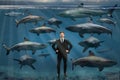 Businessman Surrounded By Sharks