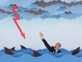 Businessman surrounded by sharks in stormy sea