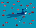 Businessman swimming in sea of coin. Concept business vector illustration, Flat business cartoon, Character design style