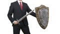 Businessman with sword and shield isolated on white background