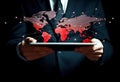 Businessman with tablet and red planet earth map hologram. Digital technology, internet connection network, global world business Royalty Free Stock Photo