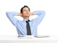 Businessman, tablet and relax thinking at desk in studio for lunch break, daydream and planning web strategy or finance Royalty Free Stock Photo